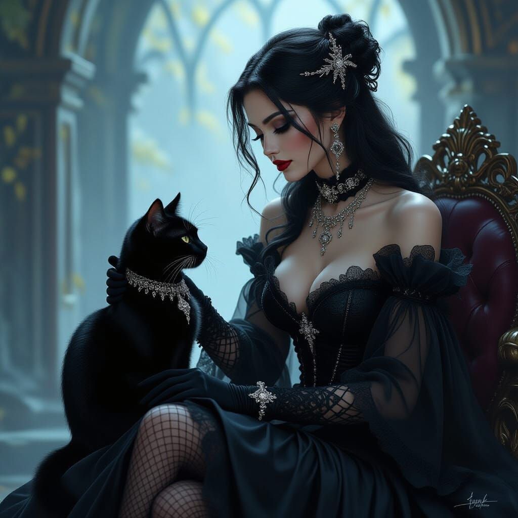 Gothic Woman Conversing with Black Cat