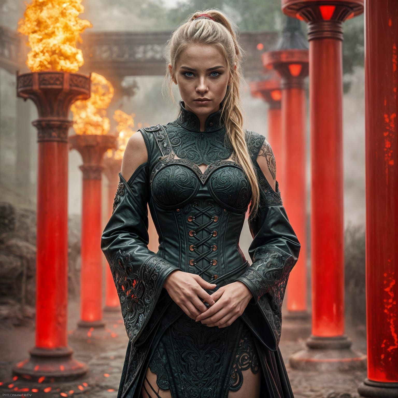 Blonde Woman in Leather Corset Amidst Glowing Pillars