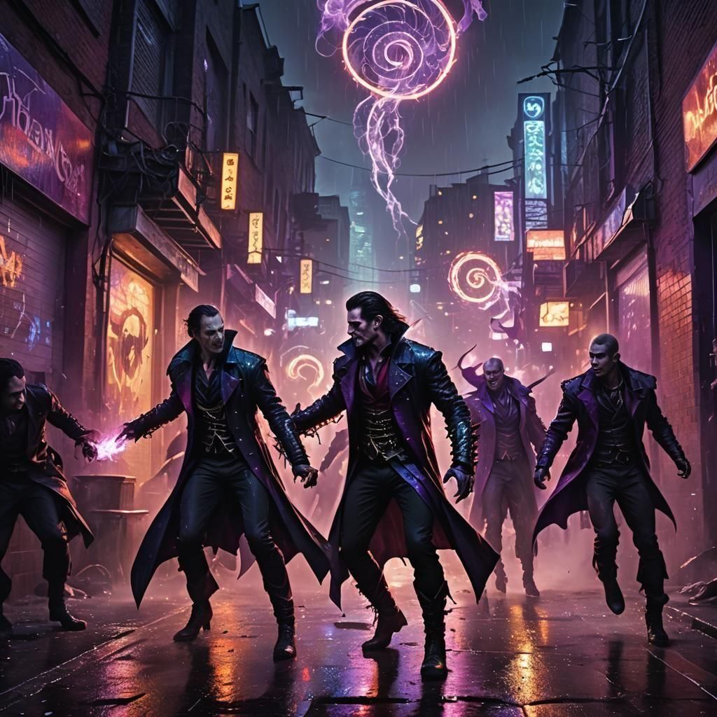 Vampire Battle in Modern City at Night