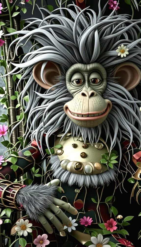 Anthropomorphic Monkey King on Vine Throne in Oil Painting