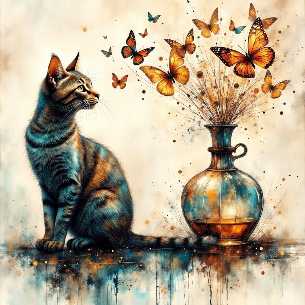 Tabby Cat With Ink Tail Creates Butterfly Dreamscape
