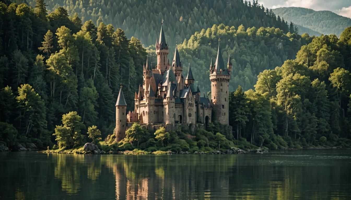 Elven Castle on Island in Misty Lake