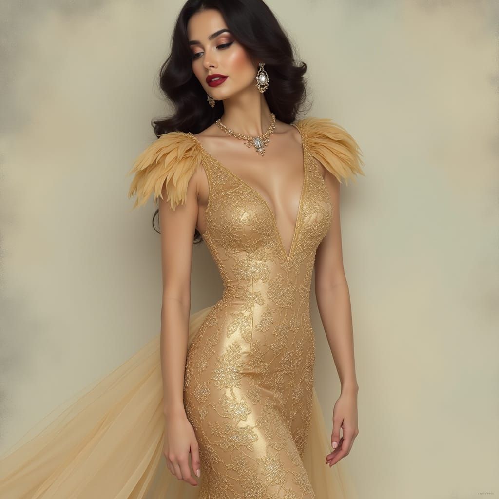 Elegant Woman in Art Deco Gold Gown