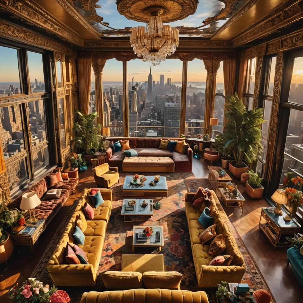 Luxurious 1960s Penthouse Interior in Maximalist Style