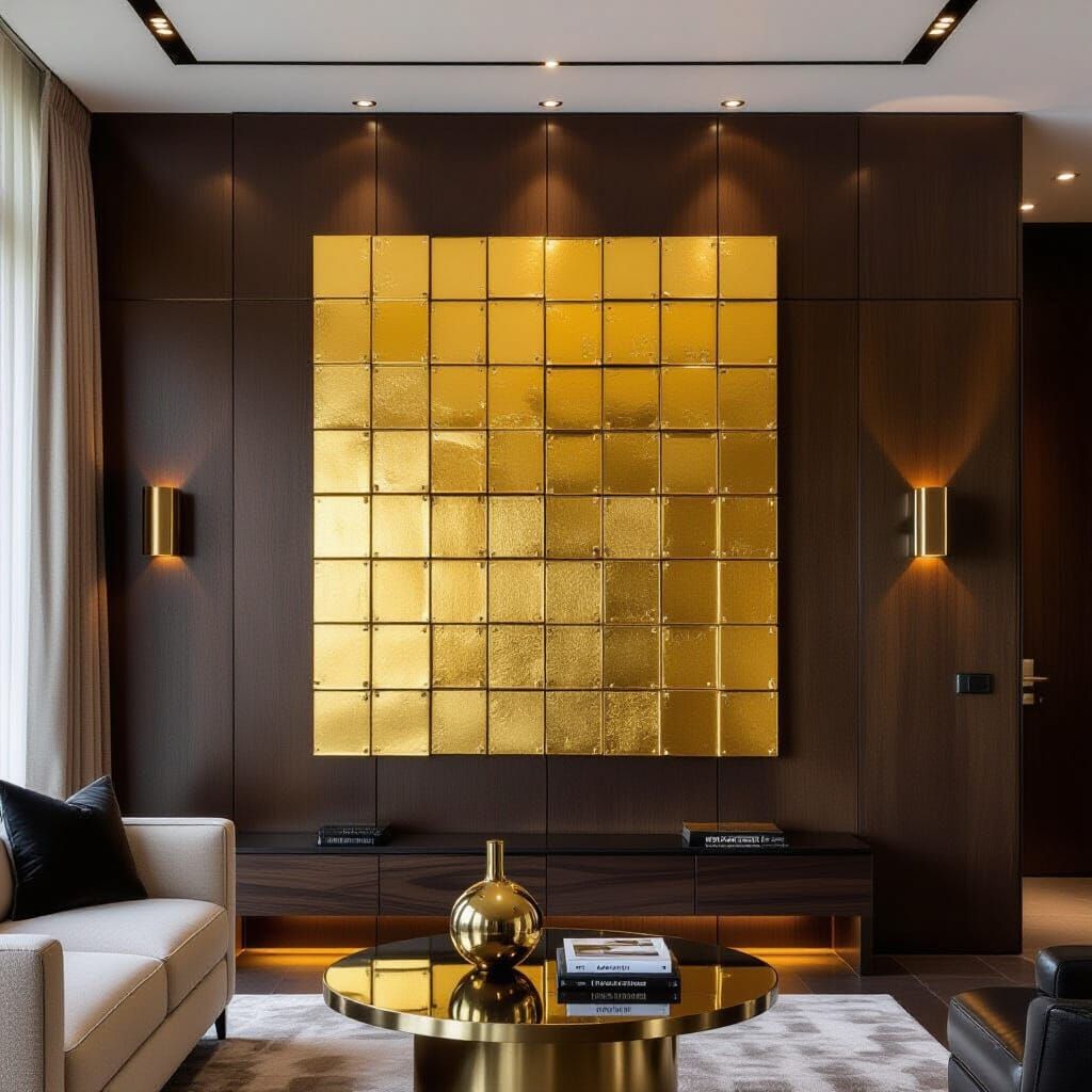 Abstract Gold Square Art in Luxurious Modern Room