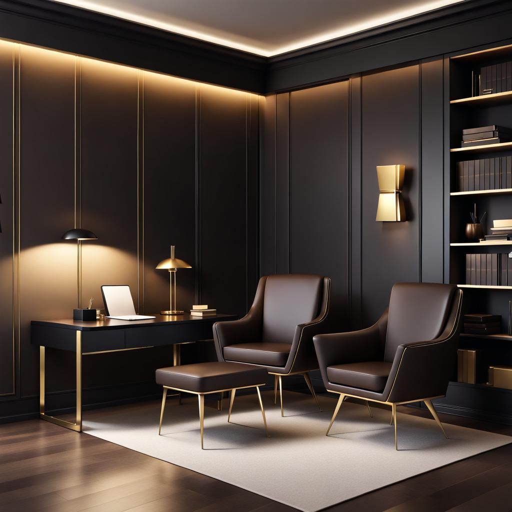 Minimalist Office Corner in Gold and Black: 3D Render
