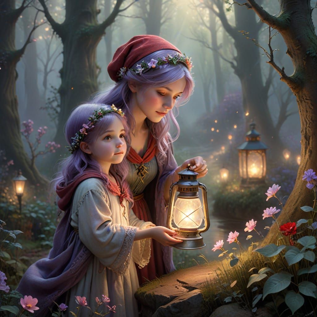 Girl Lights Way for Fairy Grandmother in Enchanted Forest