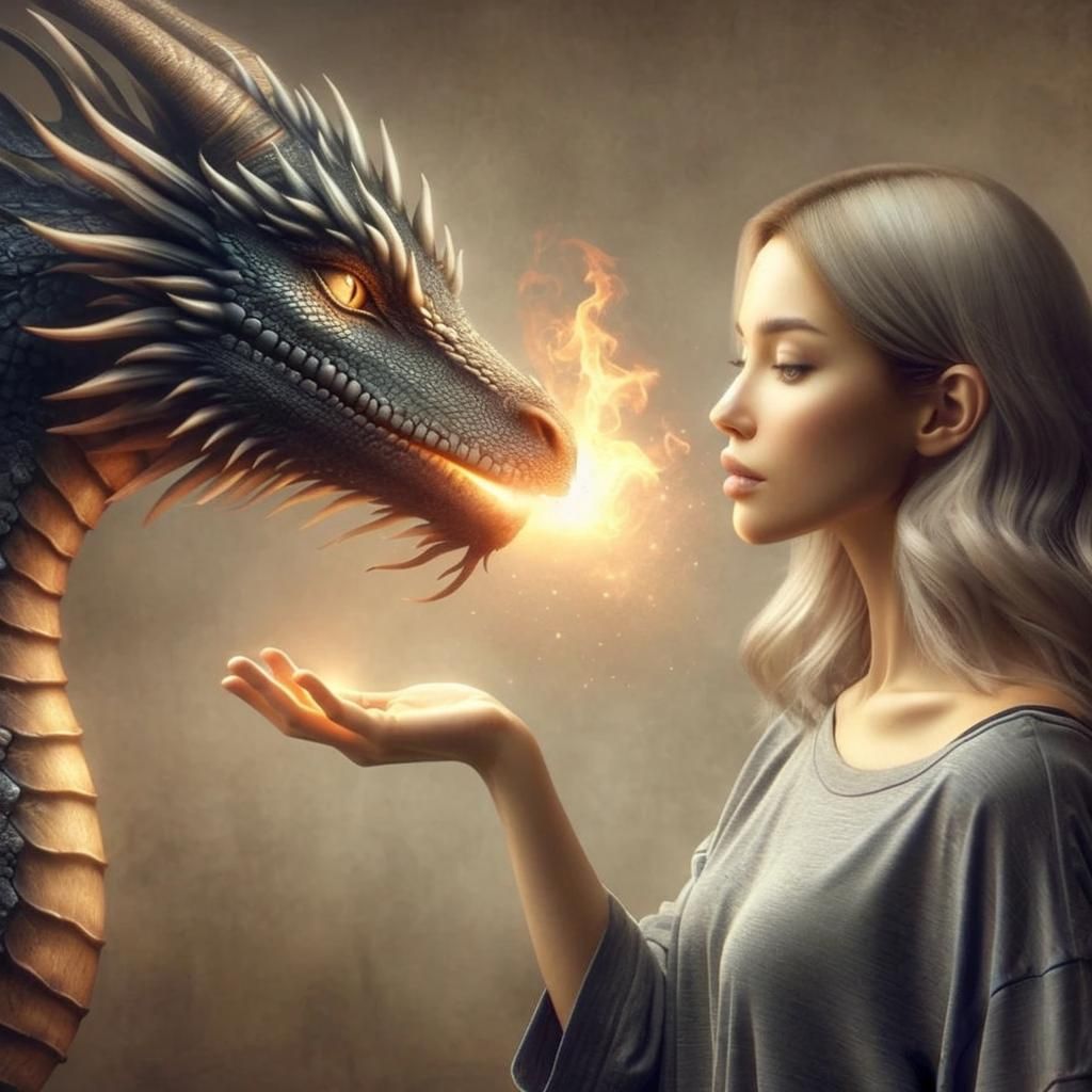 Girl and Dragon in Tender Moment
