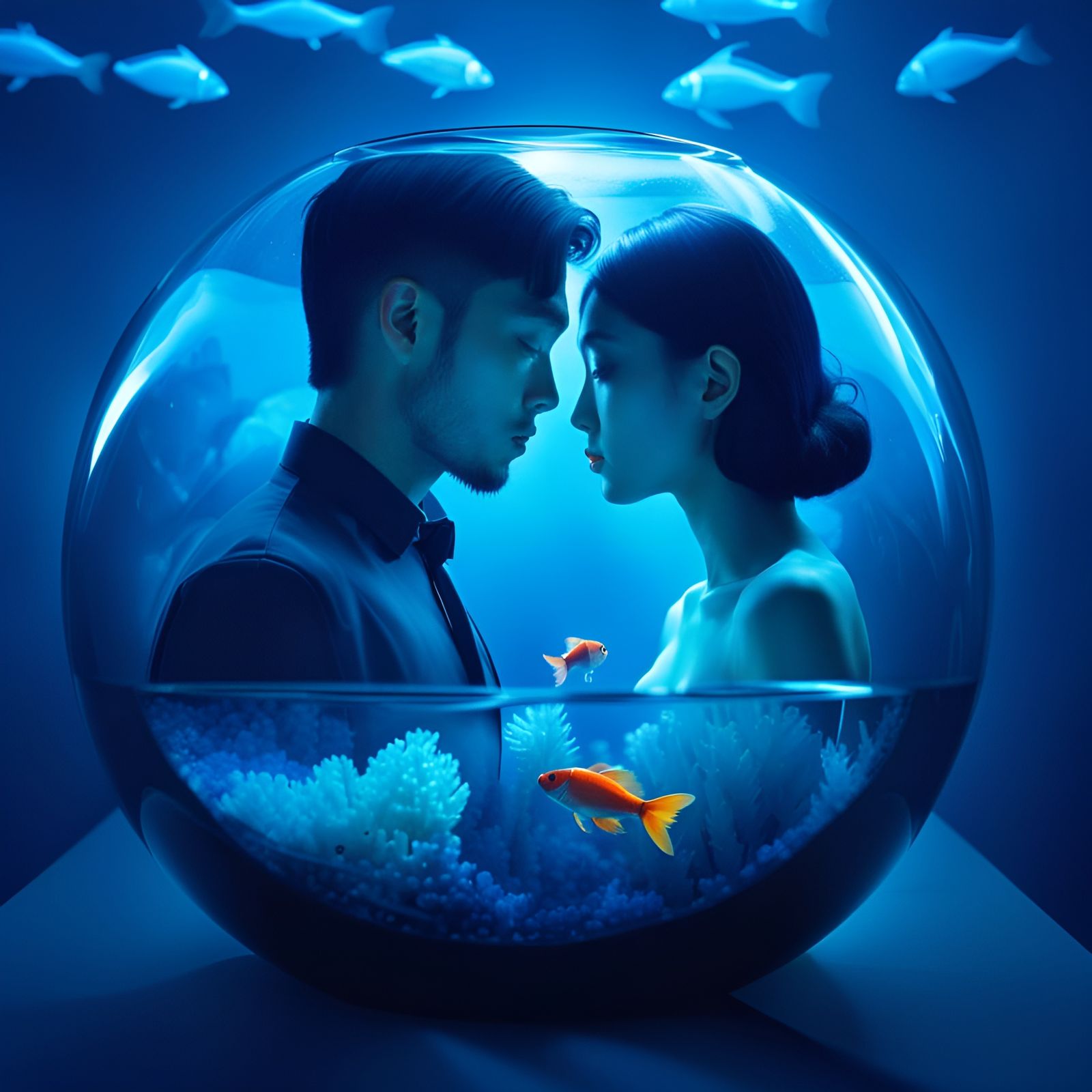 Lovers Embrace in Fishbowl, Underwater Polaroid Photo