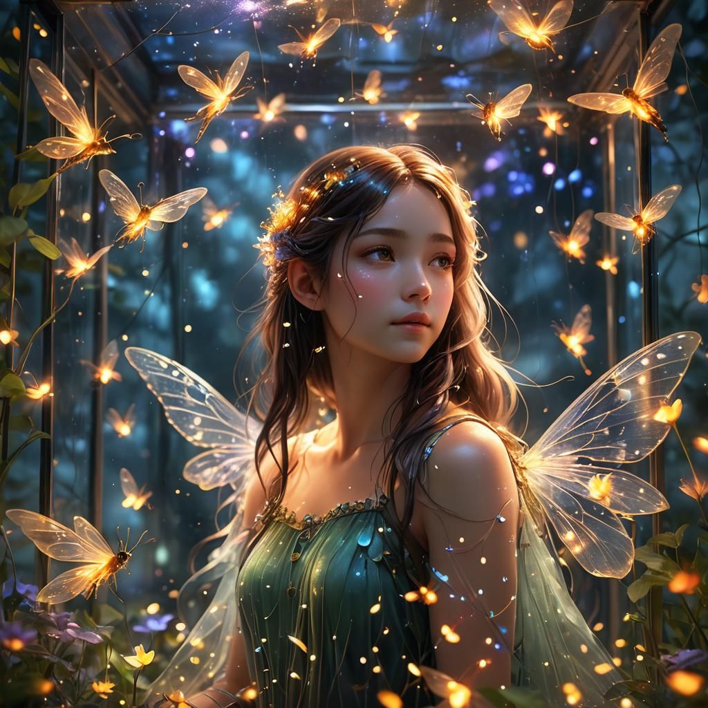 Fairy in Glass Box with Fireflies: 3D Anime Art