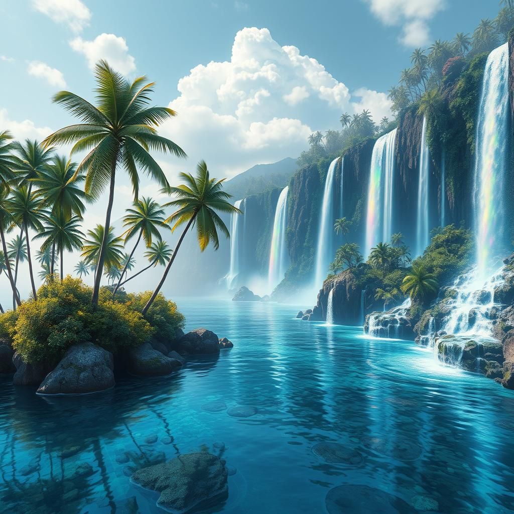 Tropical Island Waterfalls in Dreamlike Digital Painting