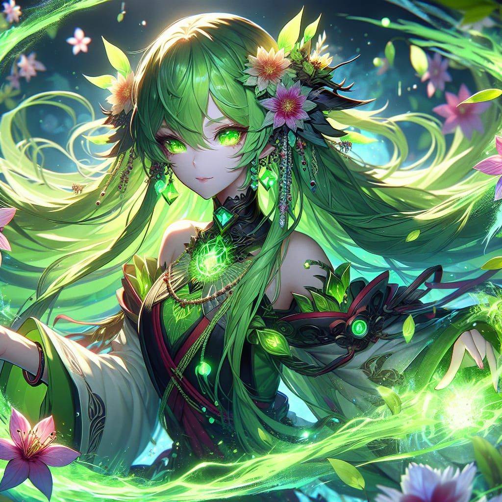 Anime Elementalist Surrounded by Flowers in Fantasy Art