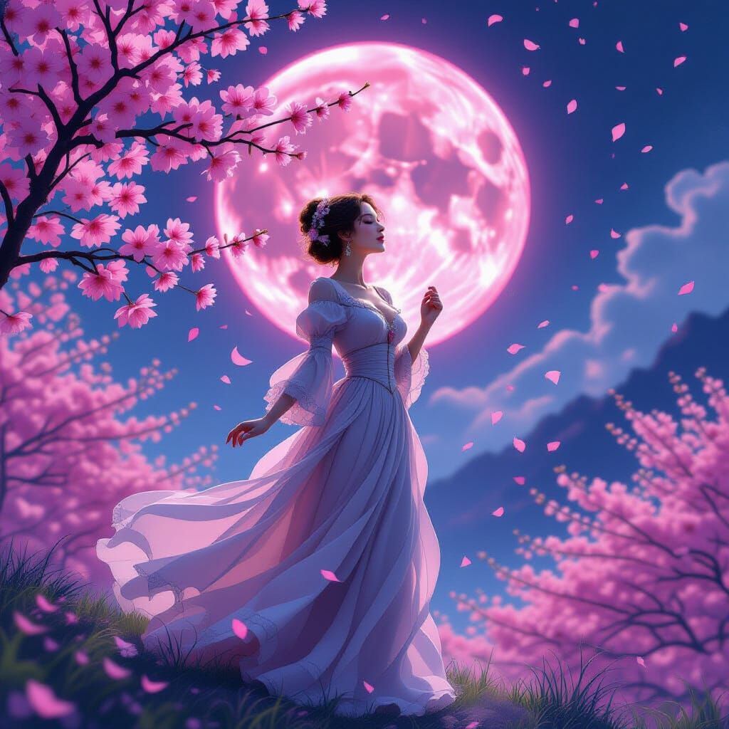 Victorian Woman Singing Under Pink Cherry Blossom Moon
