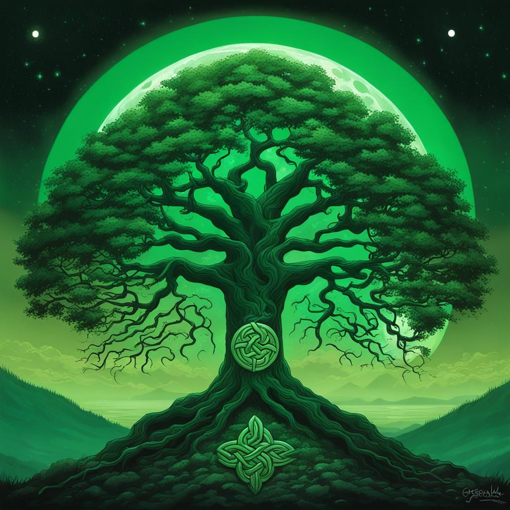Celtic Tree of Life Under Emerald Moon