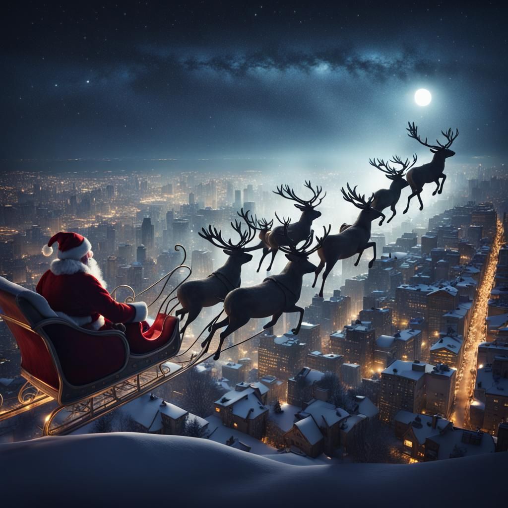 Santa's Sleigh Over City at Night in 8k