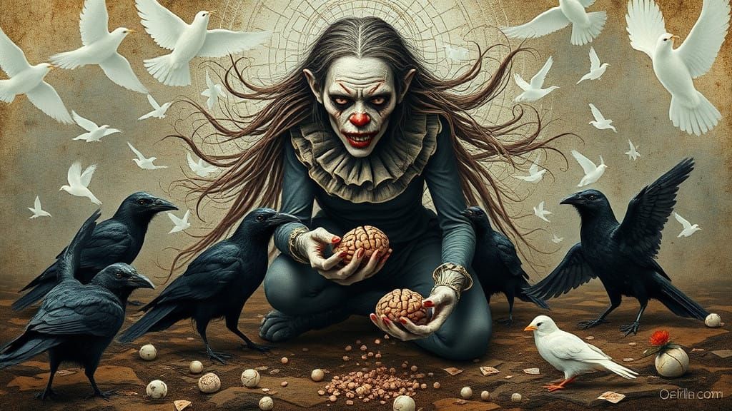 Cyberpunk-Inspired Zombie Monkey Goddess Amidst Crows and Br...