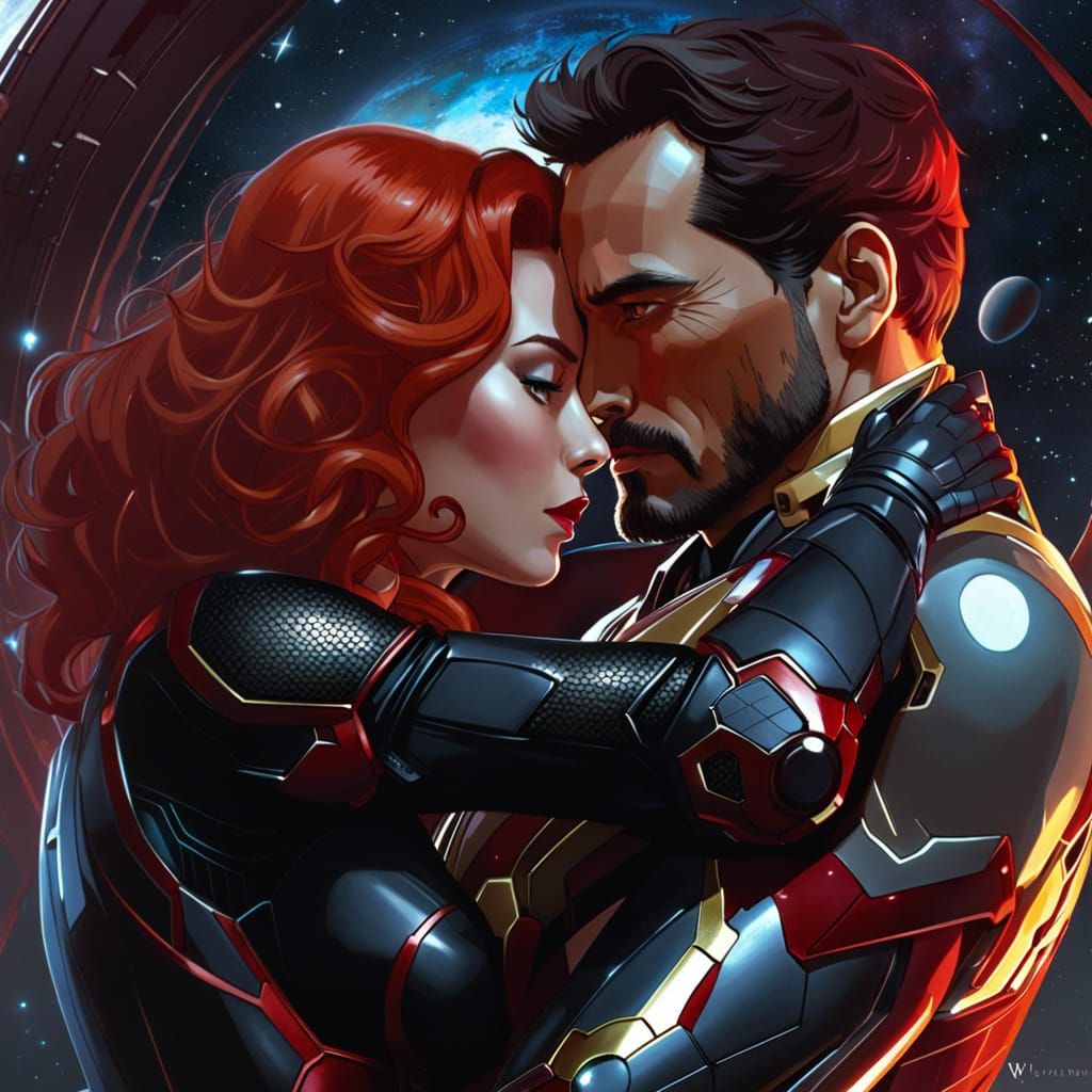 Iron Man and Black Widow: A Rococo Sci-Fi Embrace