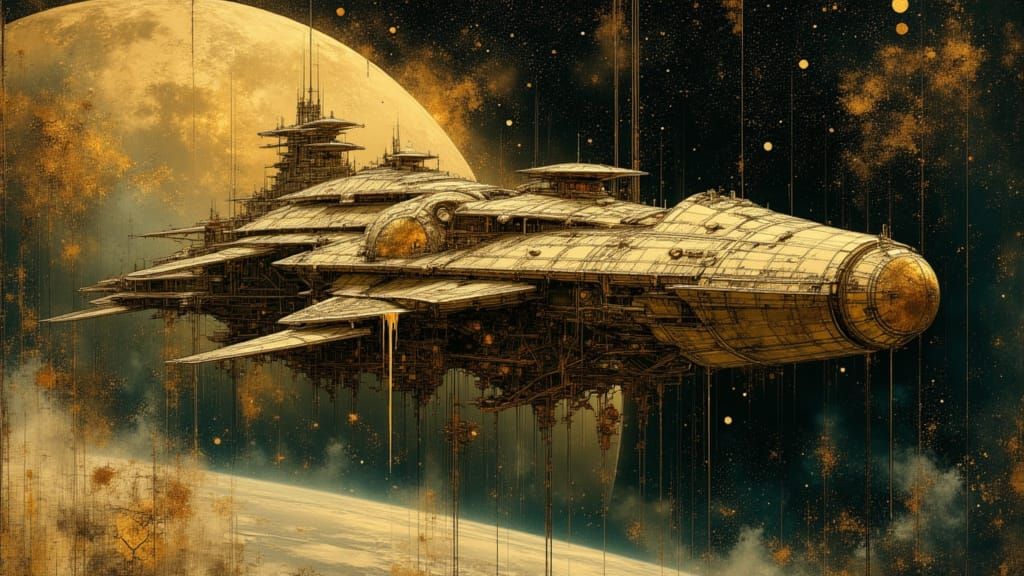 Renaissance-Inspired Alien Battle Cruiser over Distant Plane...
