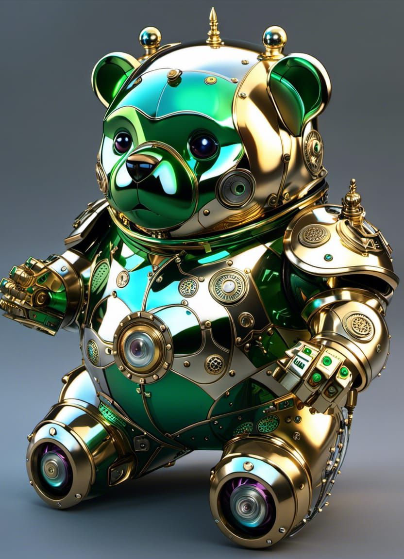 Armored Steampunk Android Bear with Emerald Inlays