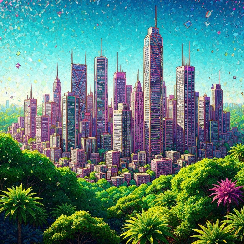 Vibrant Glass Cityscape in Lush Jungle, Cubist Style