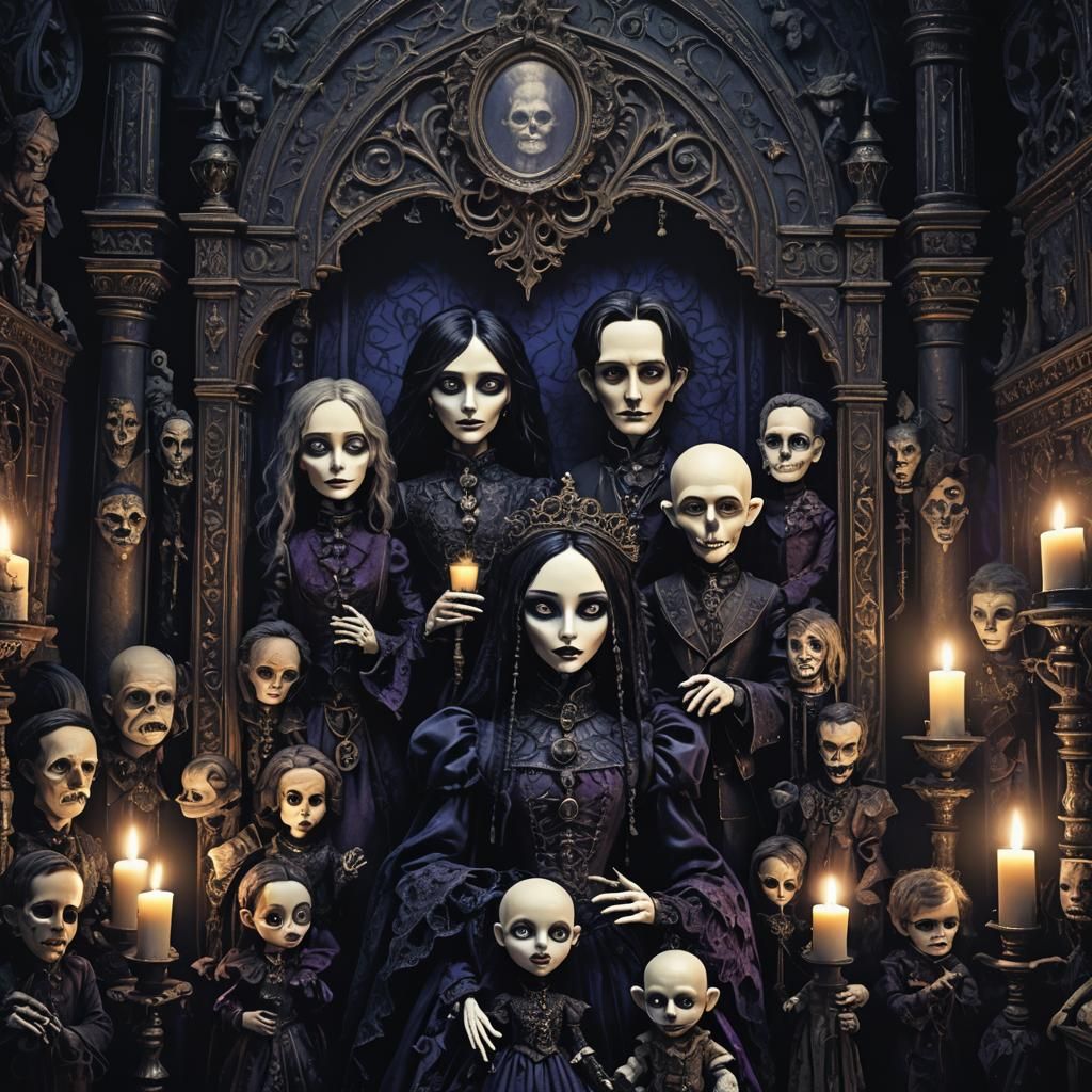 Cursed Gothic Puppets in Ornate Chamber