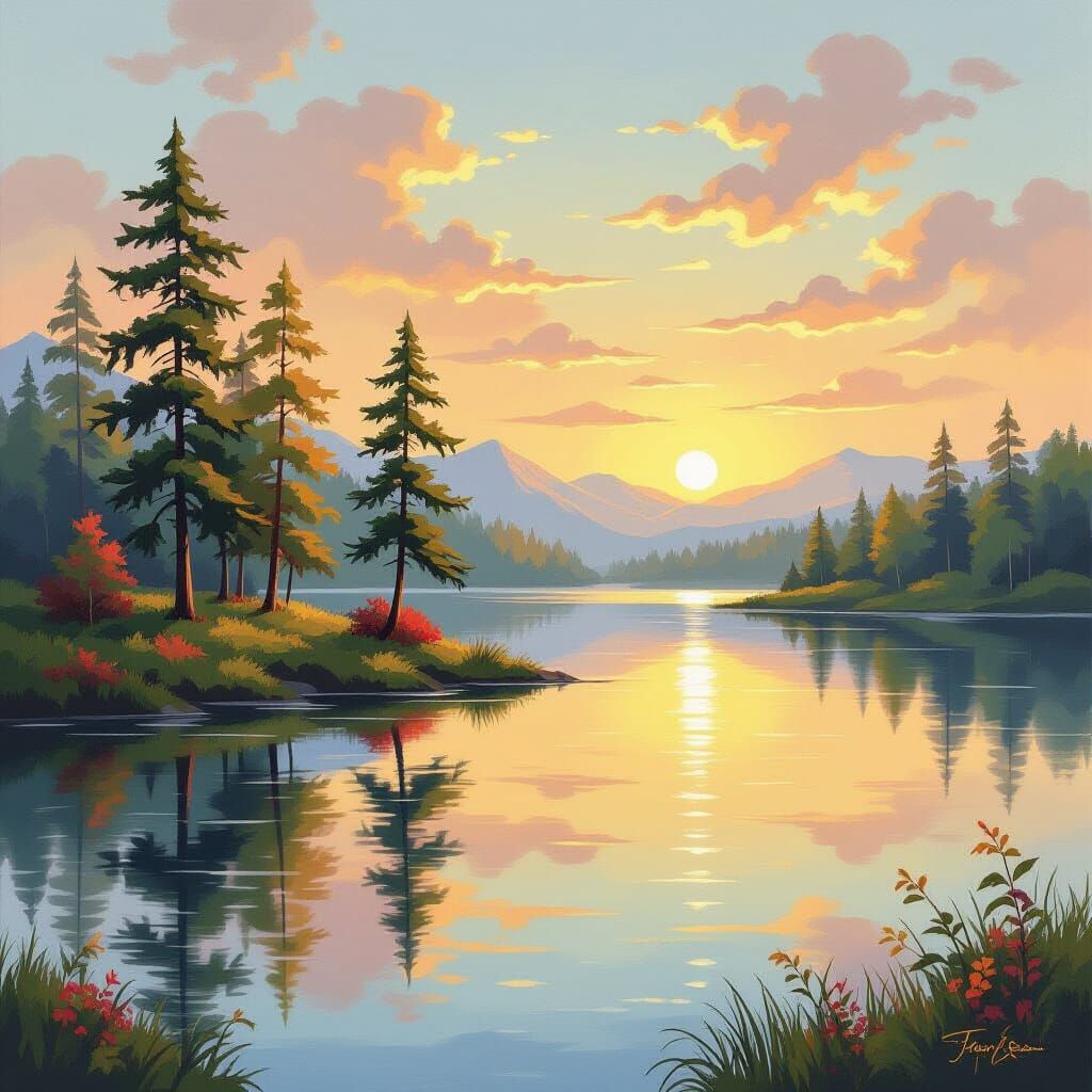 Tranquil Landscape with Happy Little Trees: Bob Ross Style