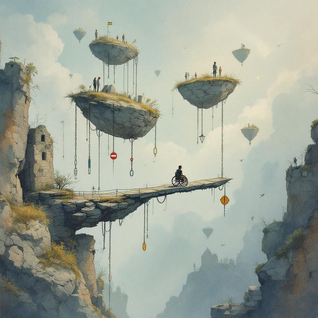 Dreamlike Watercolor of Floating Islands and Wheelchair User