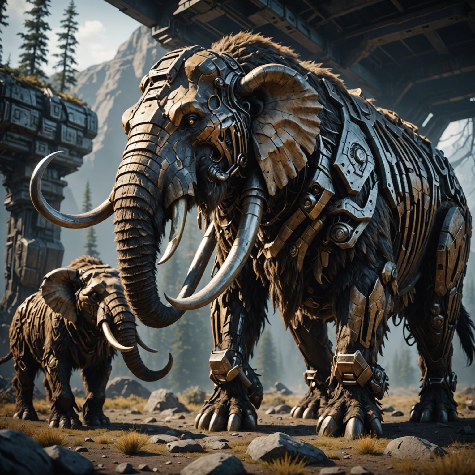 Futuristic Woolly Mammoth and Saber-Tooth Tiger in Sci-Fi St...