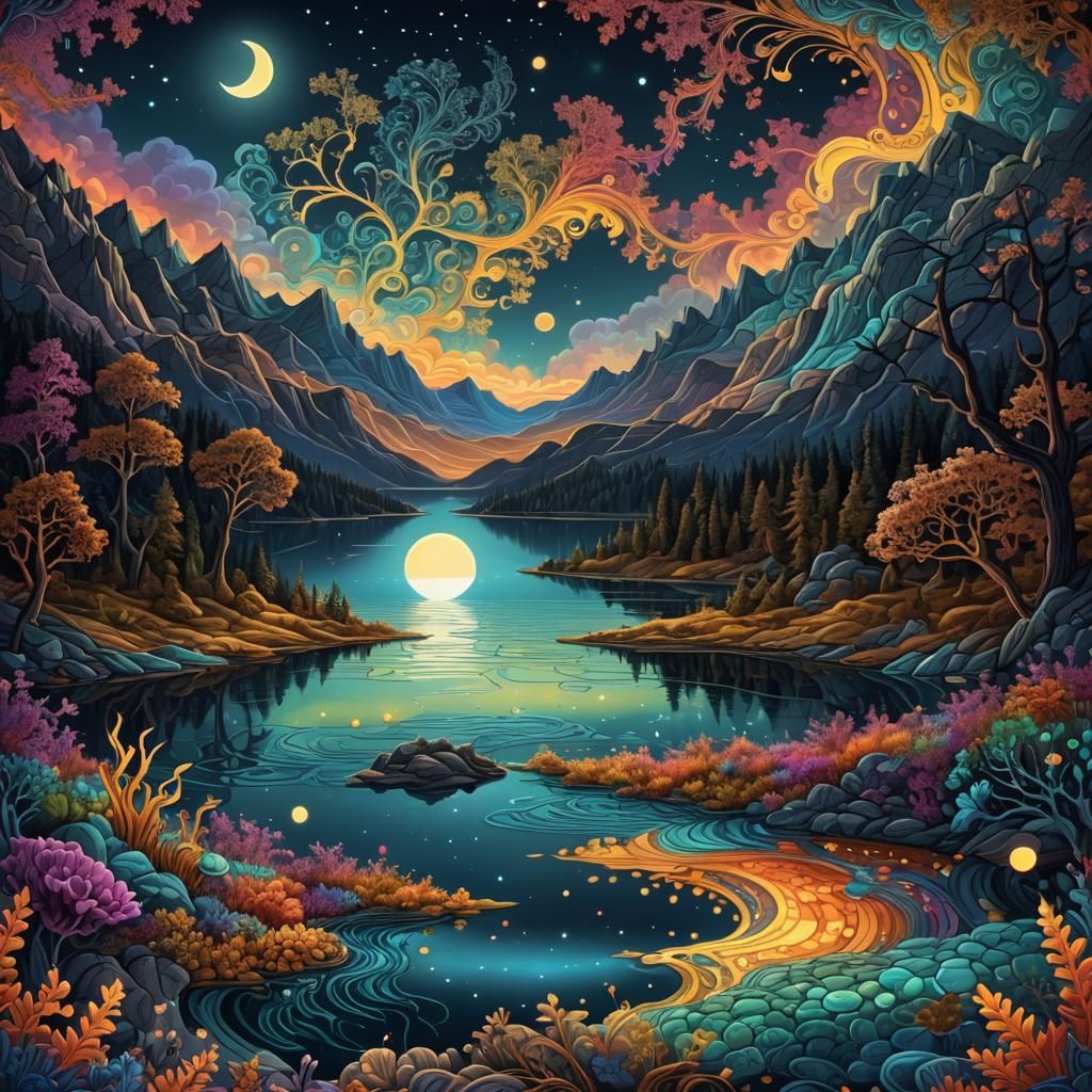 "Epic Scene, sparkling magical moonlit lake,