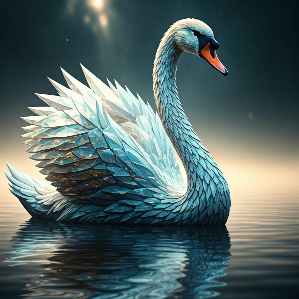 Glass Swan on Misty Lake in Watercolor Style