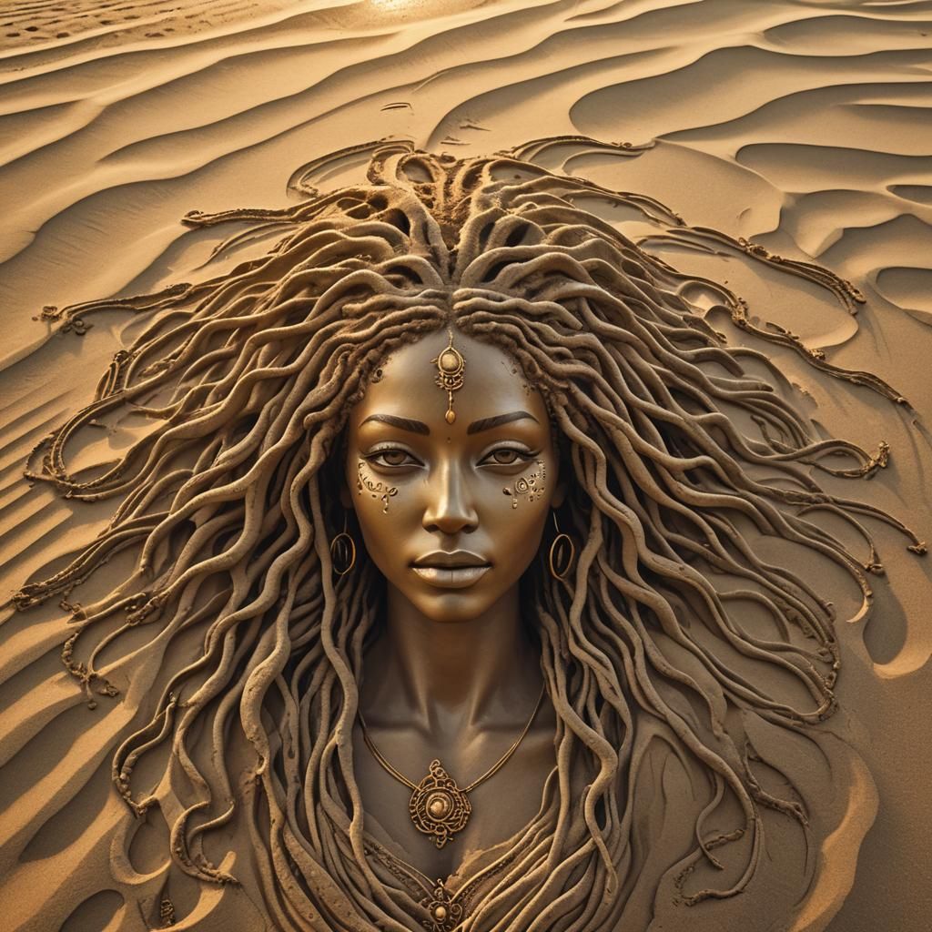 Sand Goddess Emerges on Fantasy Beach at Sunrise