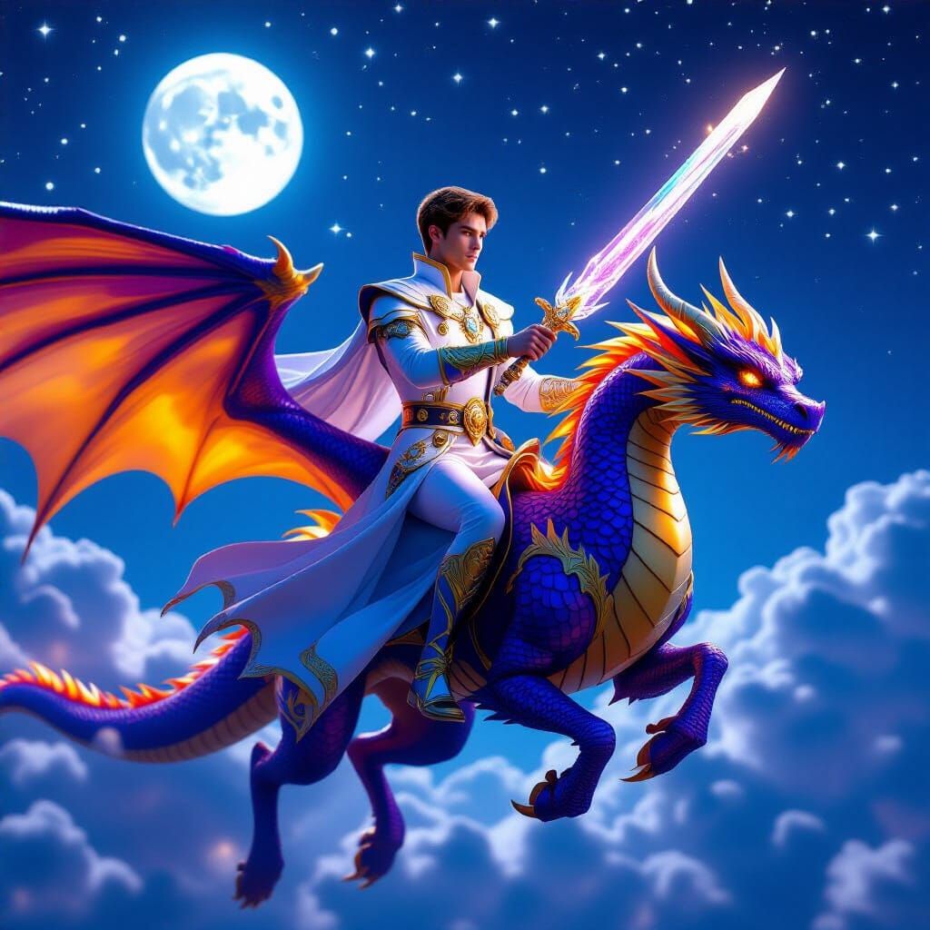 Man on Dragon in Royal Futuristic Outfit