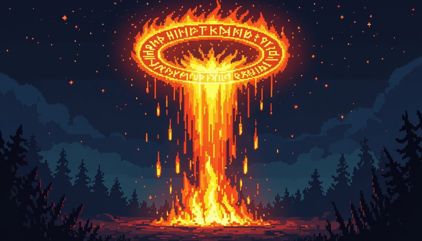 Pixel Art Fire Rain Spell with Burning Meteors