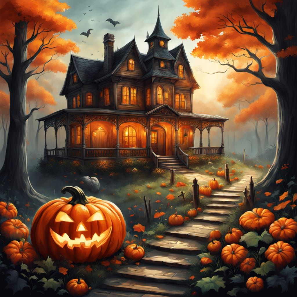 Haunted House in Orange Glass Pumpkin