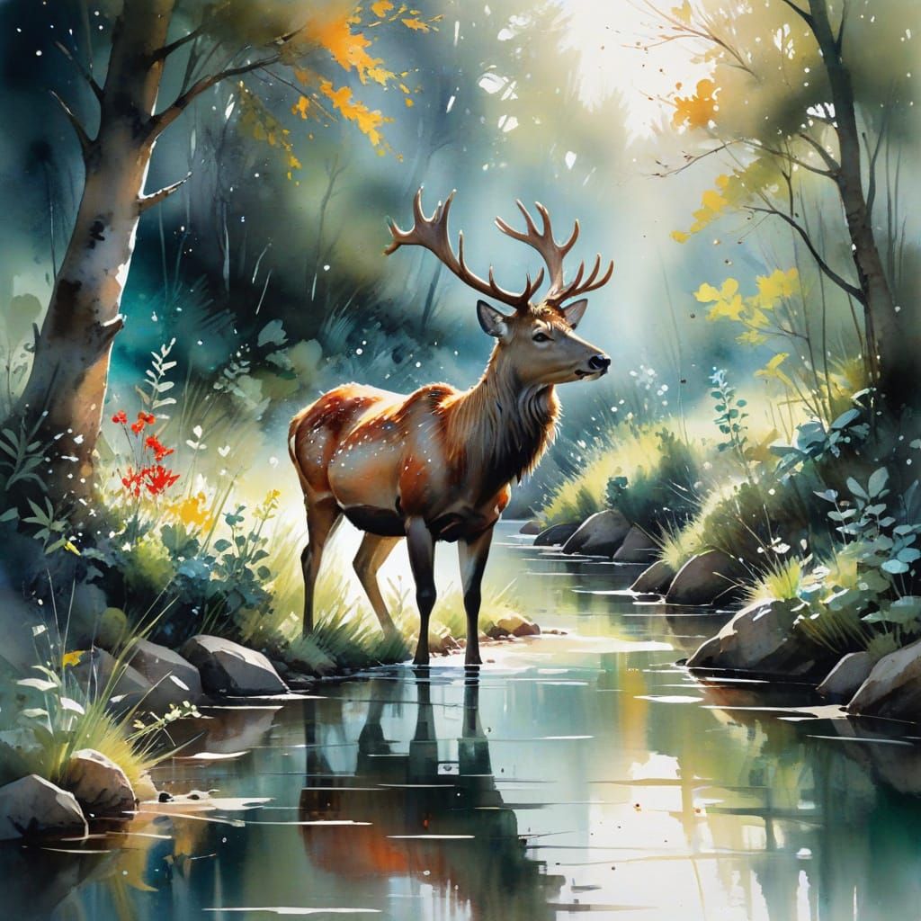 Red Deer in Springtime Valley, Watercolour Style