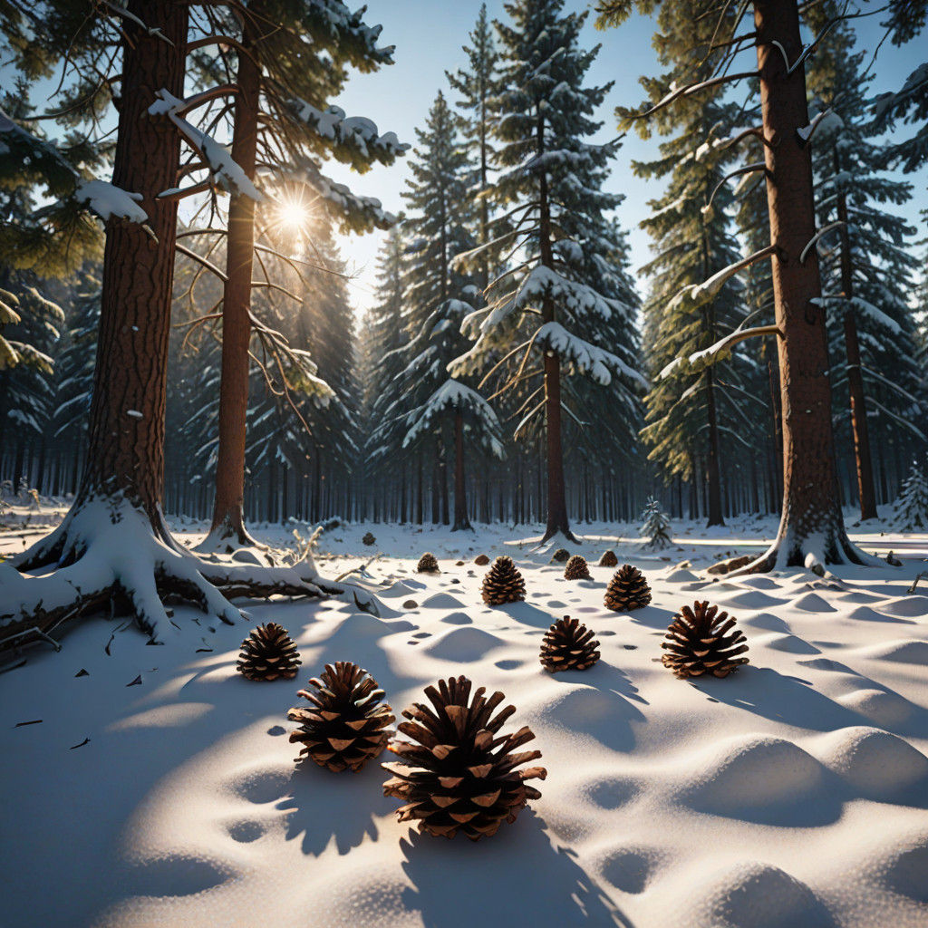 Hyperrealistic Winter Scene: Pine Cones in a Serene Pine Gro...