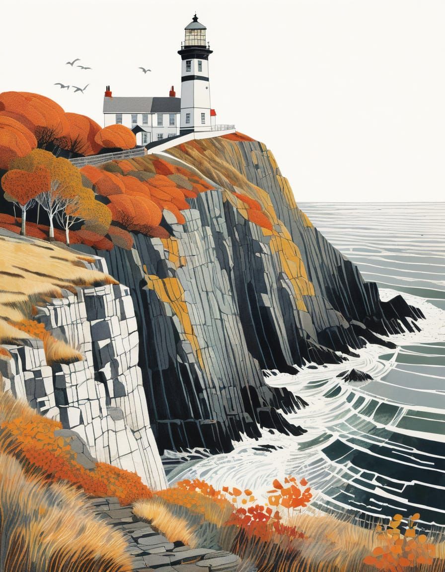 Autumn Lighthouse on Rocky Cliff