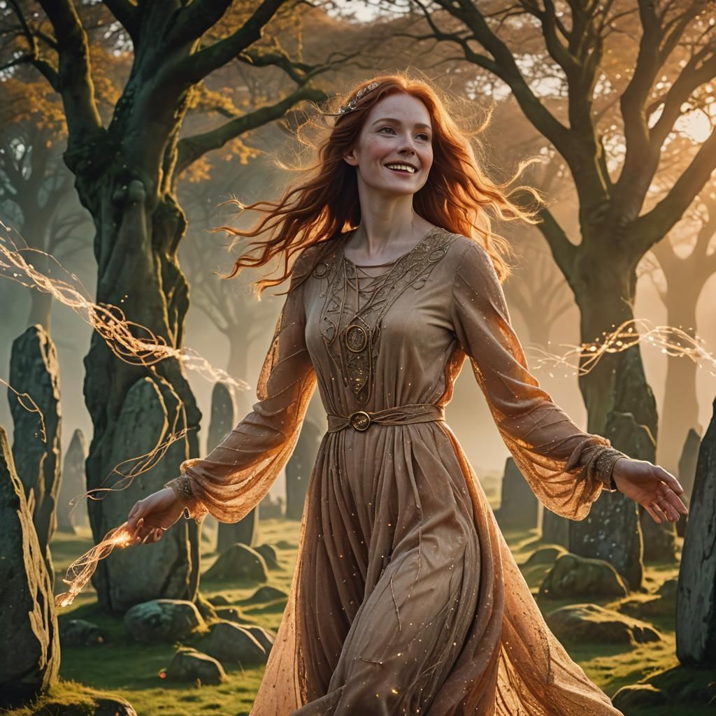 Woman Weaving Light Threads in Ethereal Scottish Scene