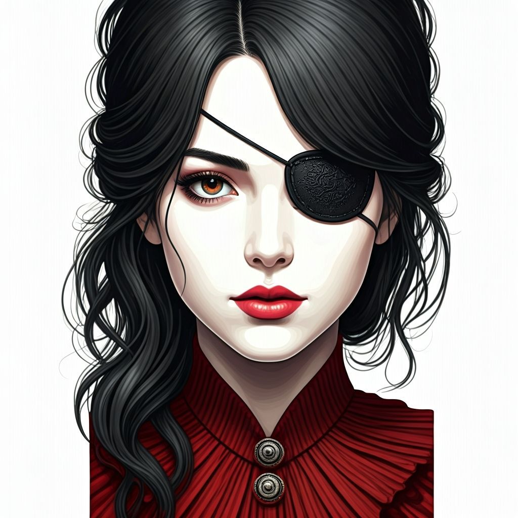 Elegant Lady Portrait With Eyepatch in Black and Red