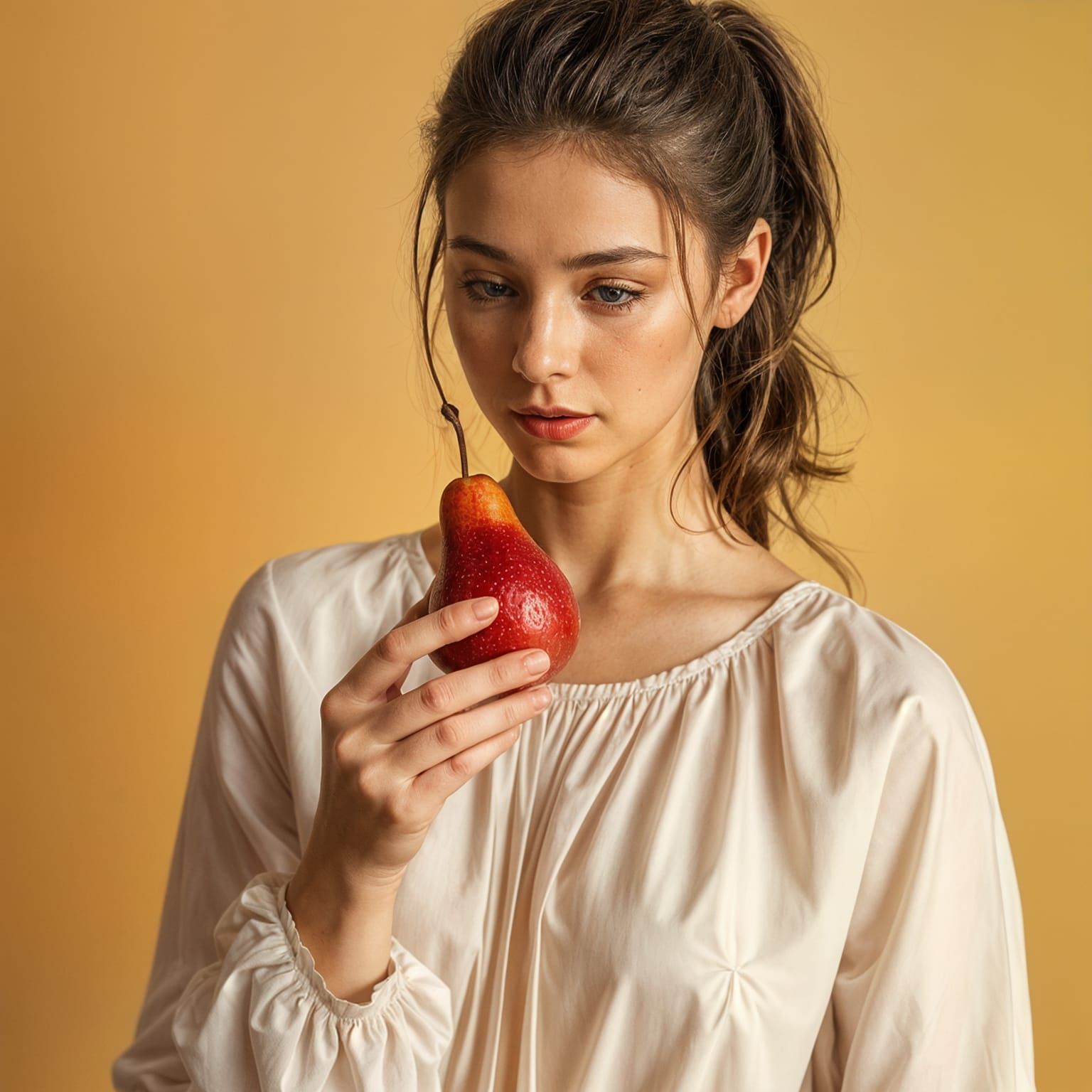 Woman with Pear in Volumetric Lighting