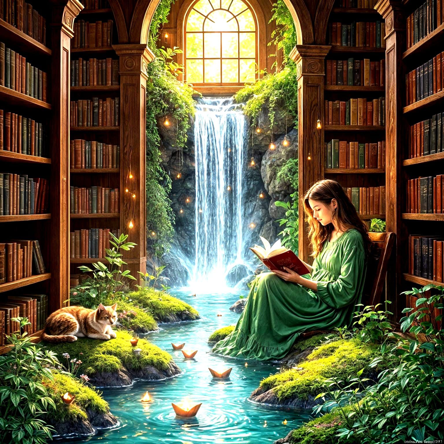 Enchanted Library with Waterfall Book
