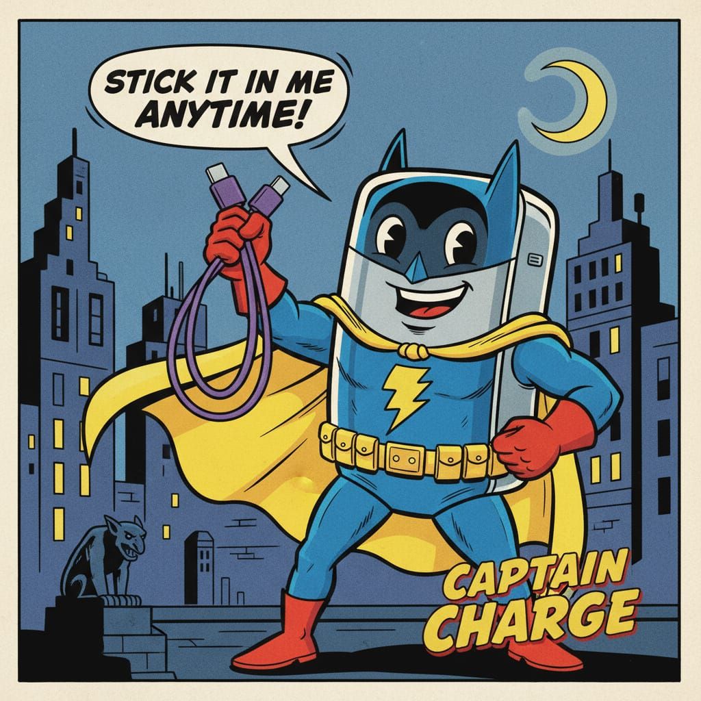 Captain Charge Superhero Power Bank in 1950s Comic Style
