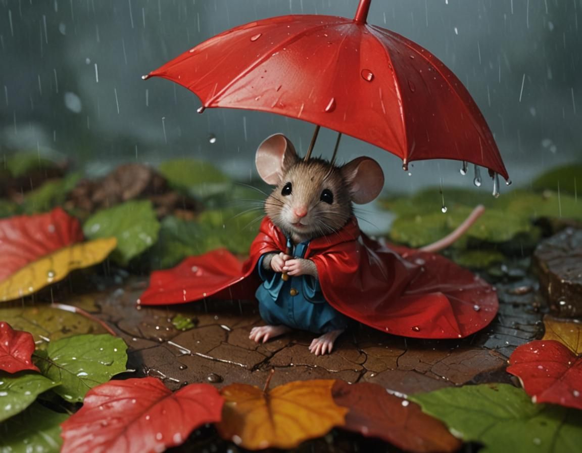 Cute Mouse in Red Raincoat with Umbrella