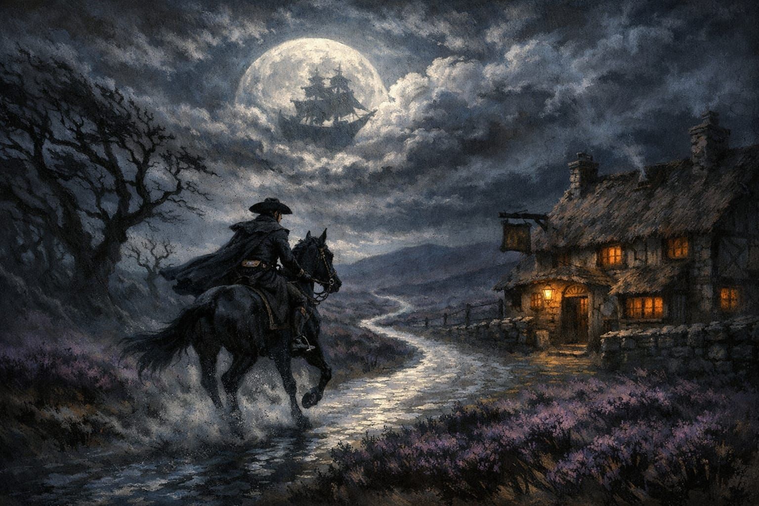Highwayman Rides Through Dark, Moonlit Night