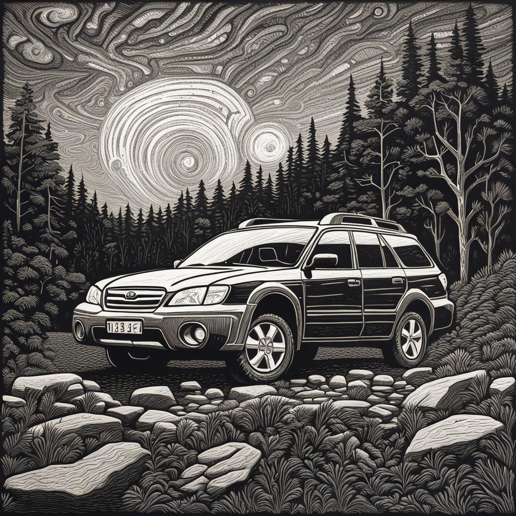 Detailed Linocut Print of 2005 Subaru Outback