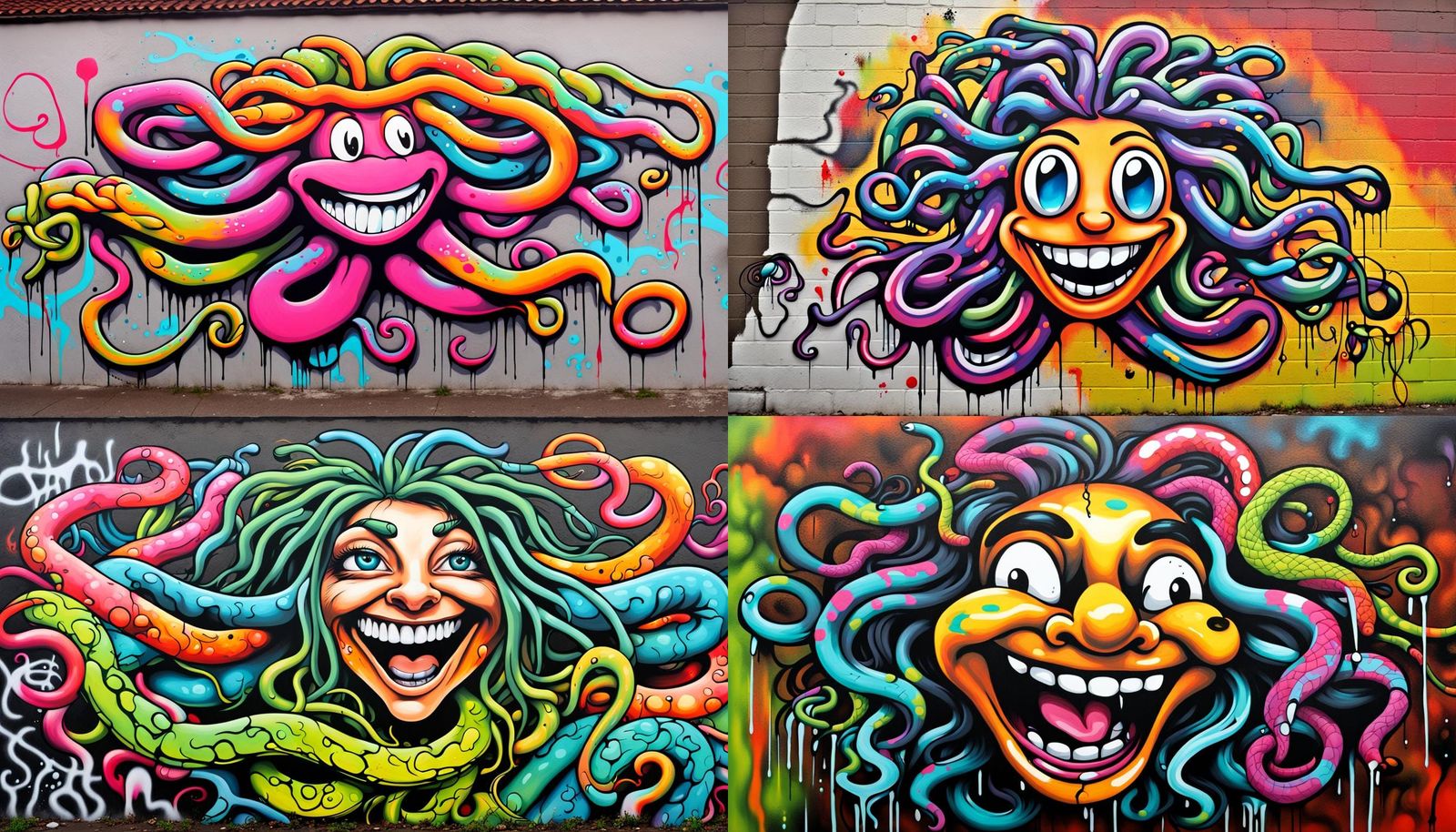 Colorful Graffiti Art: Goofy Medusa with Smiling Snakes