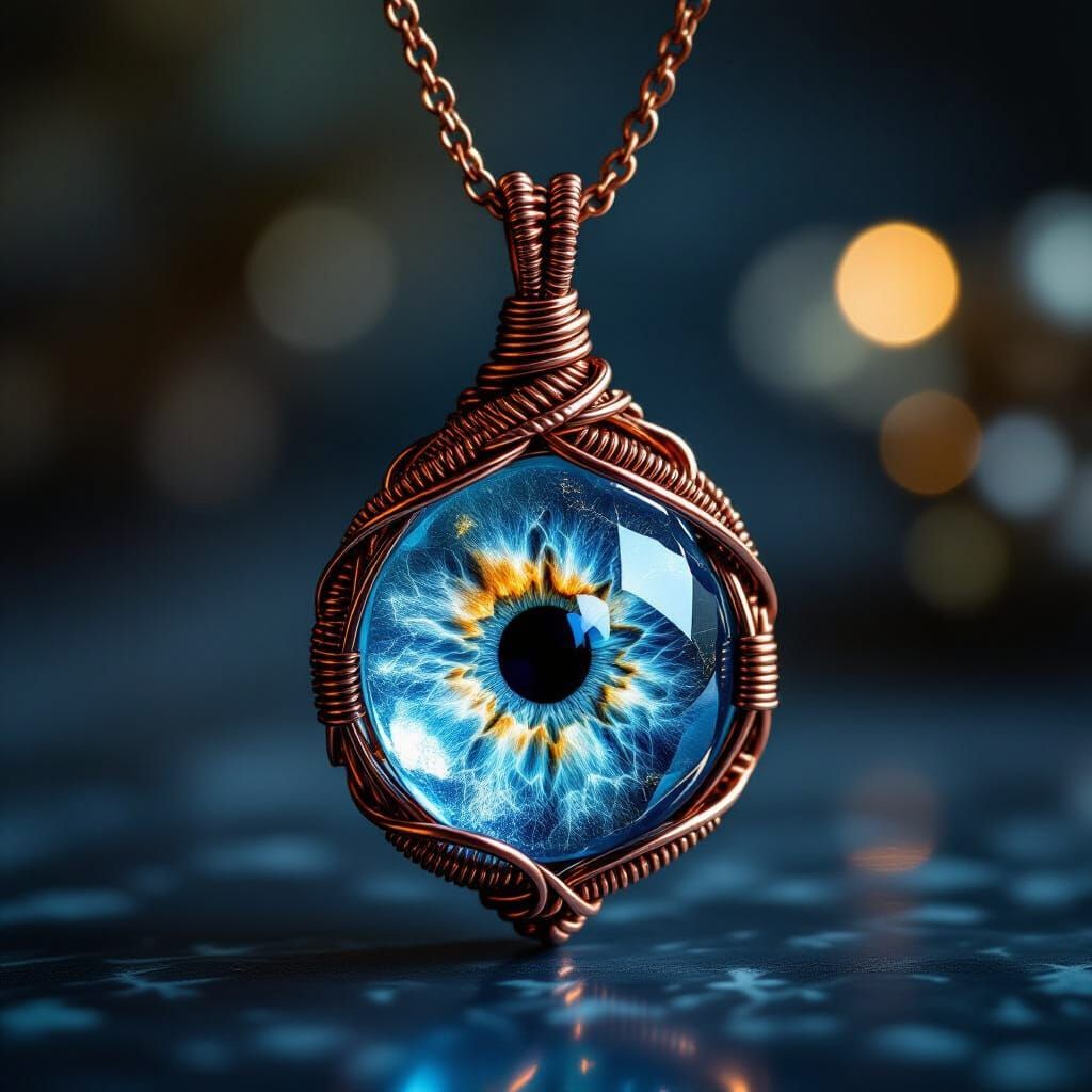 Copper Wire-Wrapped Pendant with Ice Blue Crystal Eye