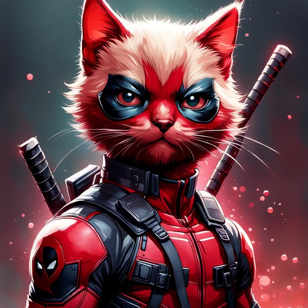 Kitten Deadpool Portrait in Hyperdetailed Digital Art Style