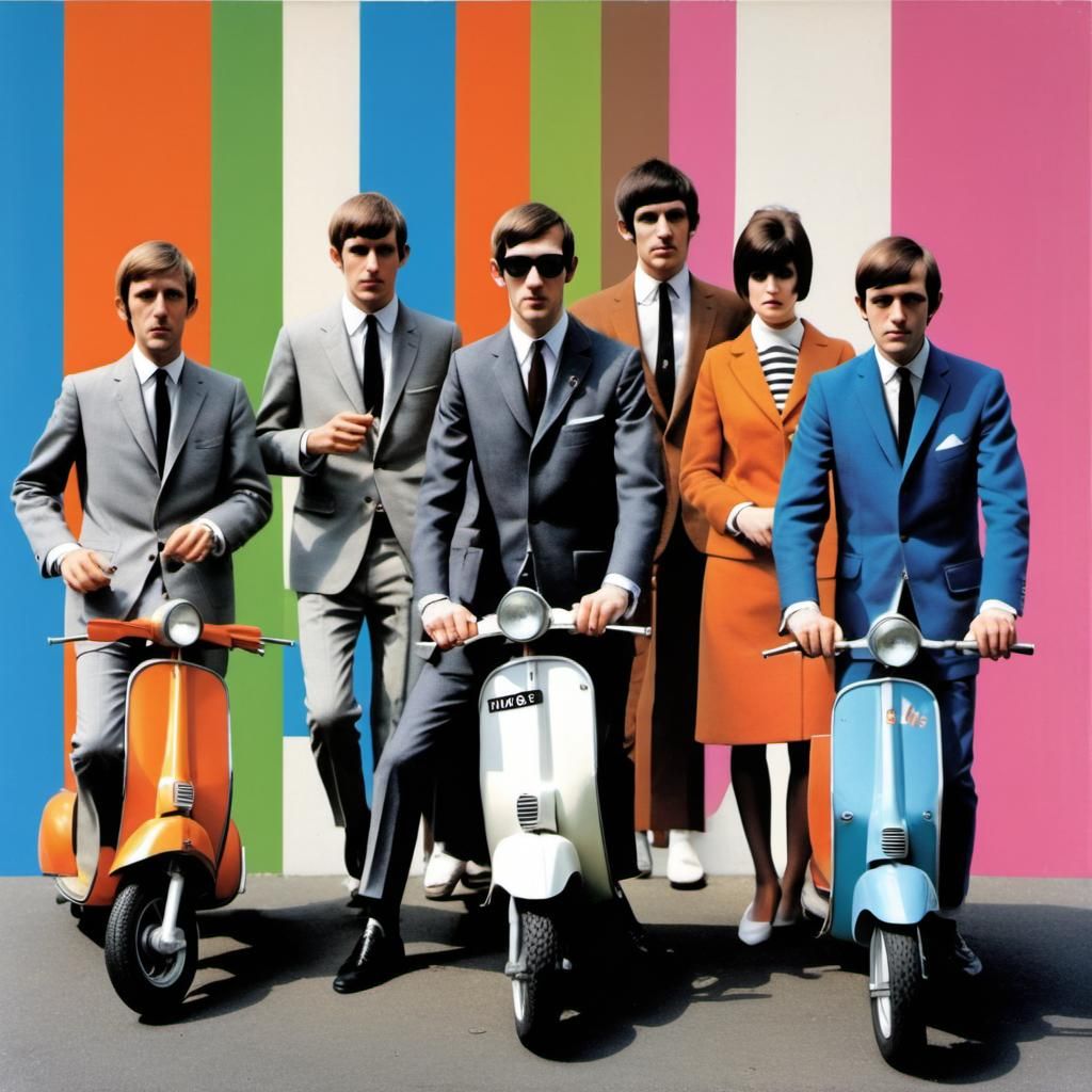 a square album cover that fills the entire image, depicting Mods, in the style of graphic designer Peter Corriston. The...