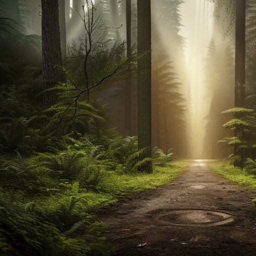 Abandoned Road Through Dark Forest in Hyperrealism